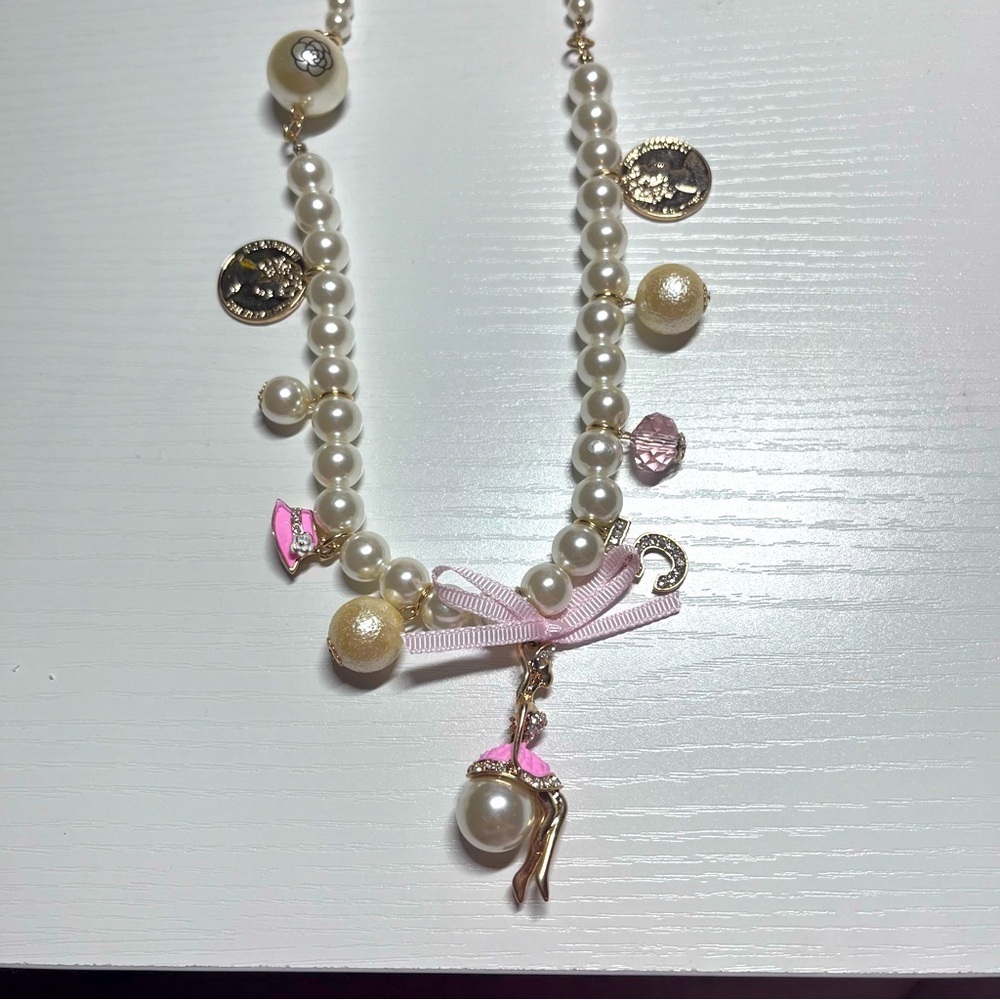 Chunky Long Pearl Beaded Fashion Necklace with Ballerina Pendant & Charms